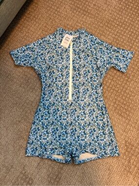 Lime Ricki Cornflower  Blue Floral Short Sleeve Rashguard Swimsuit - one piece